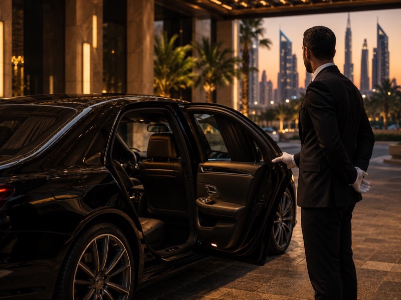 Chauffeur holding the door of a black luxury sedan outside a Dubai hotel