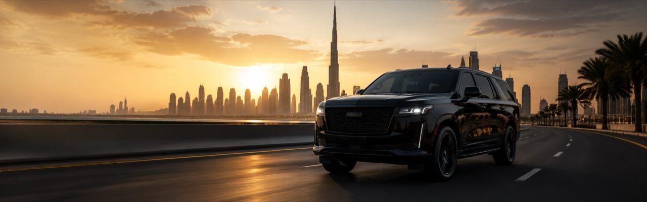 A car on a Dubai highway at sunset with the city skyline behind