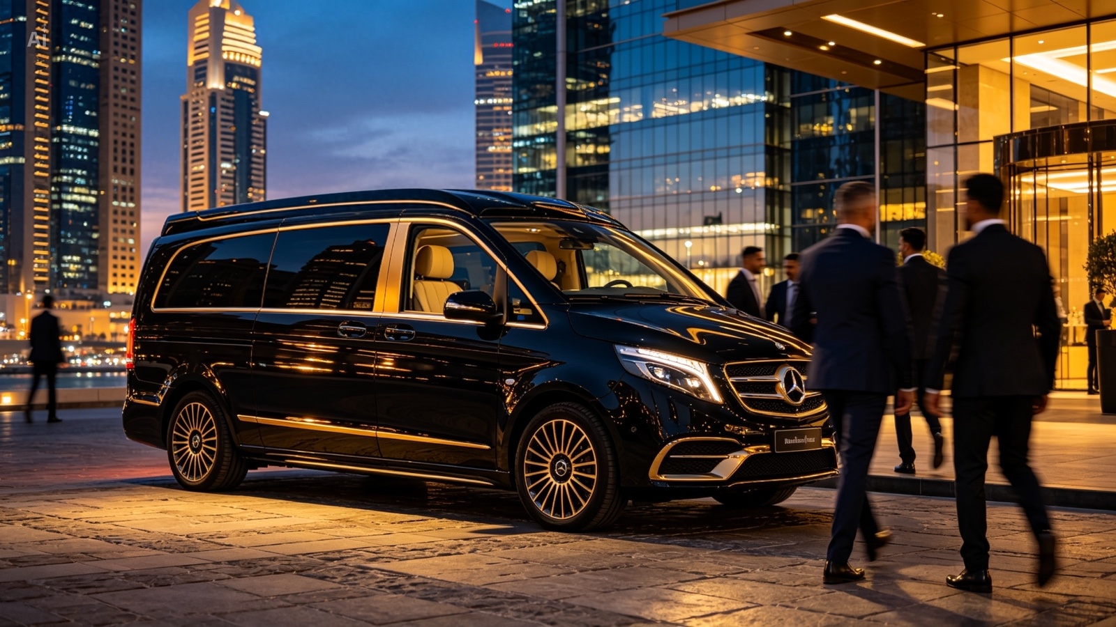 Professional Pindi Boys chauffeur with a black Mercedes V-Class outside a Dubai office tower