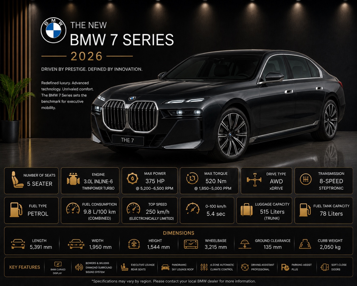 Black BMW 7 Series luxury chauffeur sedan in Dubai