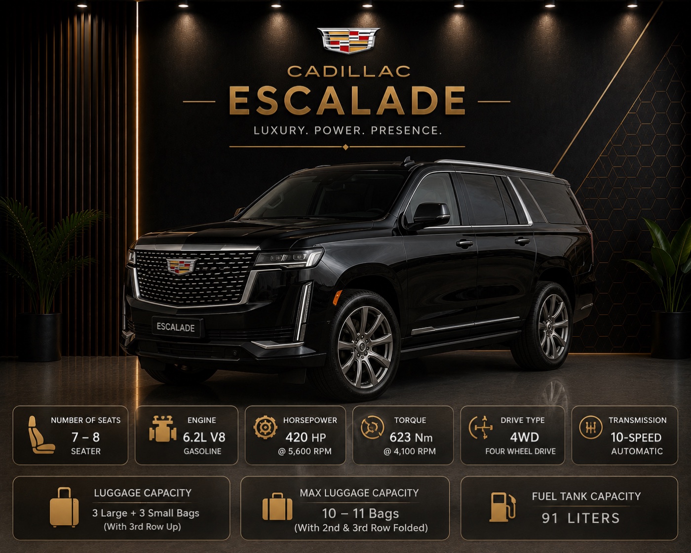 Black Cadillac Escalade luxury chauffeur SUV in Dubai