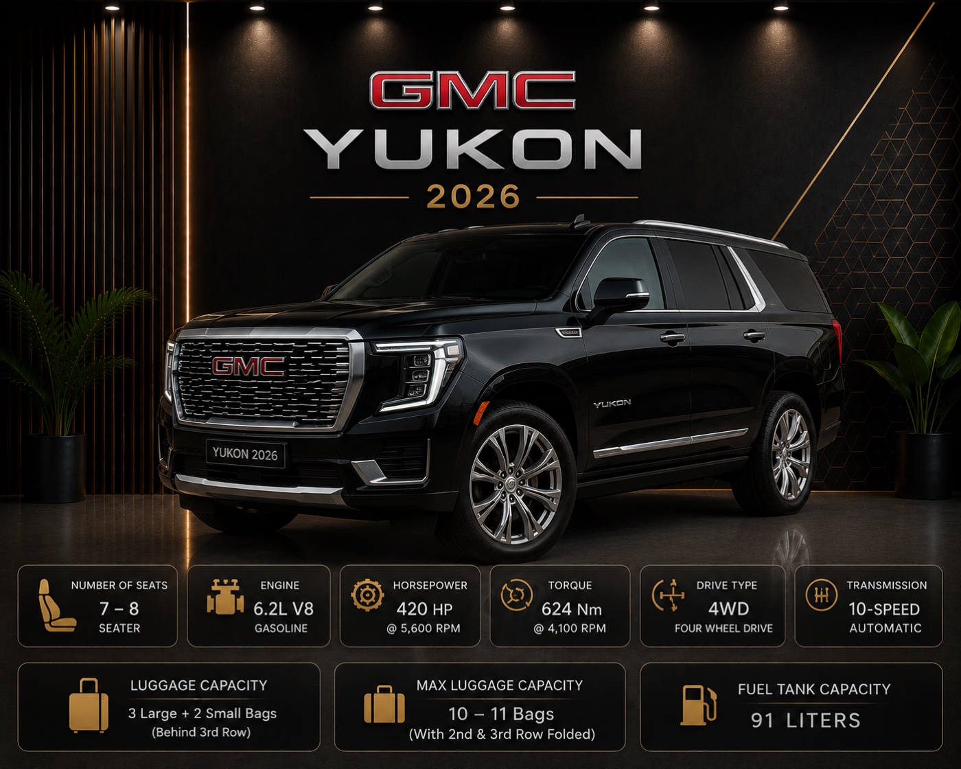 Black GMC Yukon full-size chauffeur SUV in Dubai