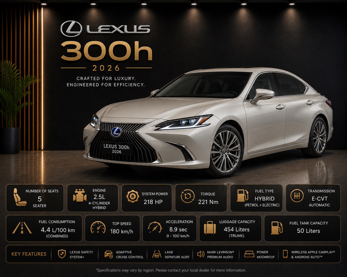 Champagne Lexus ES 300h hybrid chauffeur sedan in Dubai