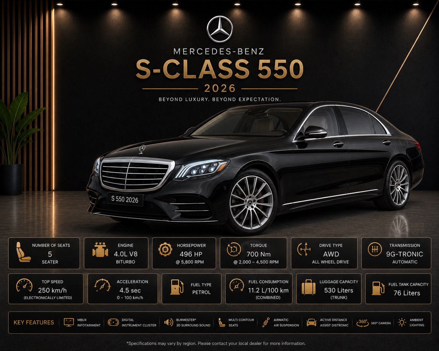 Black Mercedes-Benz S-Class 550 luxury chauffeur sedan in Dubai