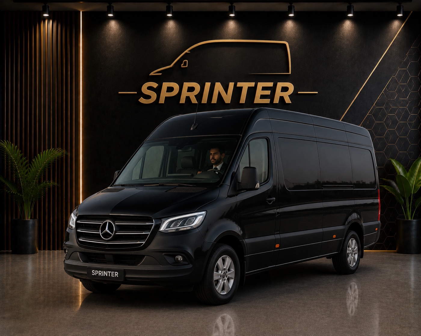 Black Mercedes-Benz Sprinter group chauffeur van in Dubai