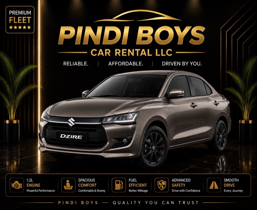 Suzuki Dzire for rent in Dubai with Pindi Boys Car Rental