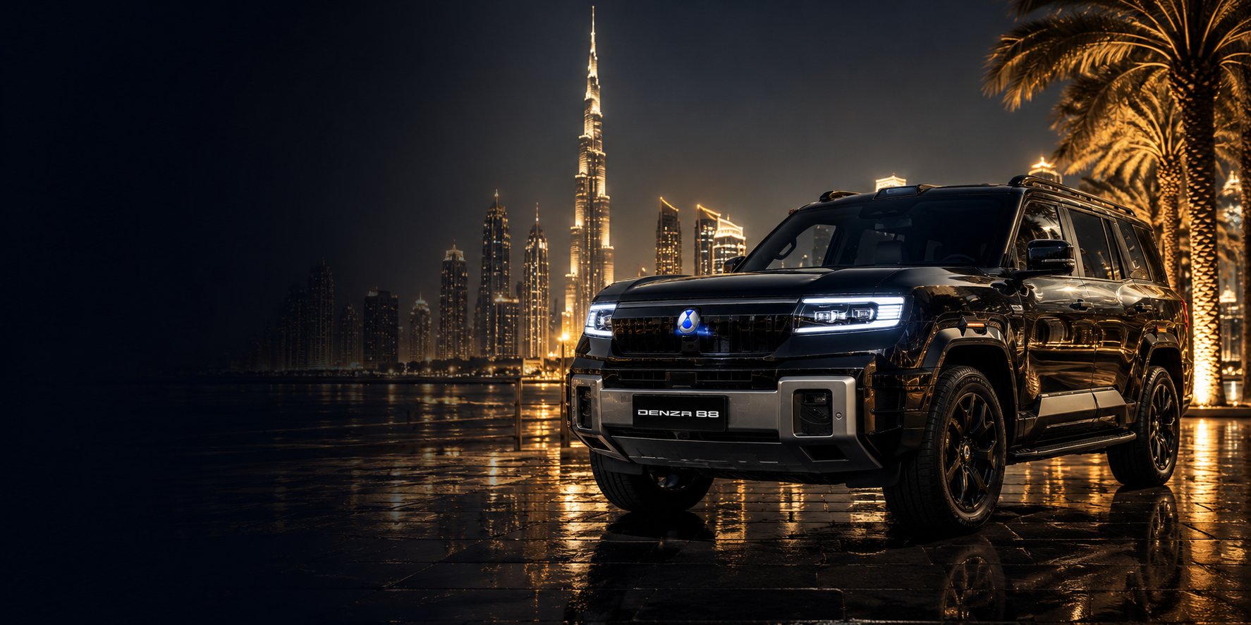 BYD Denza B8 luxury SUV with Burj Khalifa — Pindi Boys Car Rental Dubai