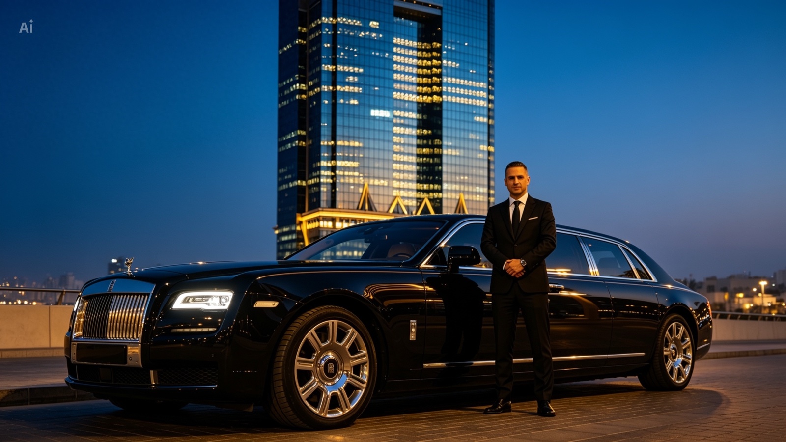 Chauffeur holding open the door of a black luxury sedan