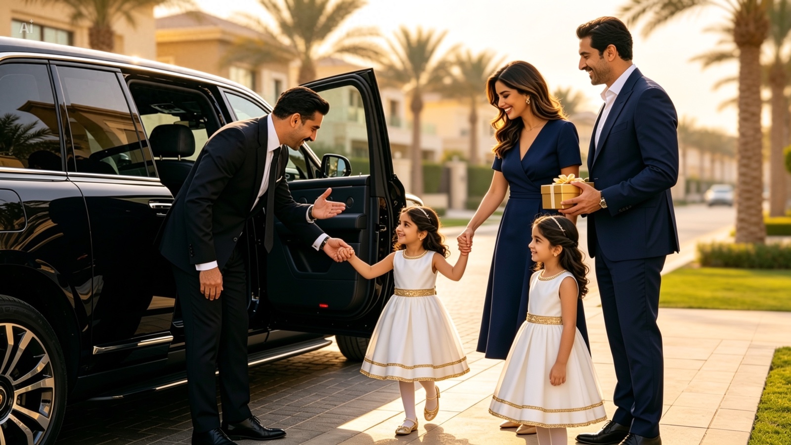 Family chauffeur helping children into a spacious luxury SUV at a Dubai villa