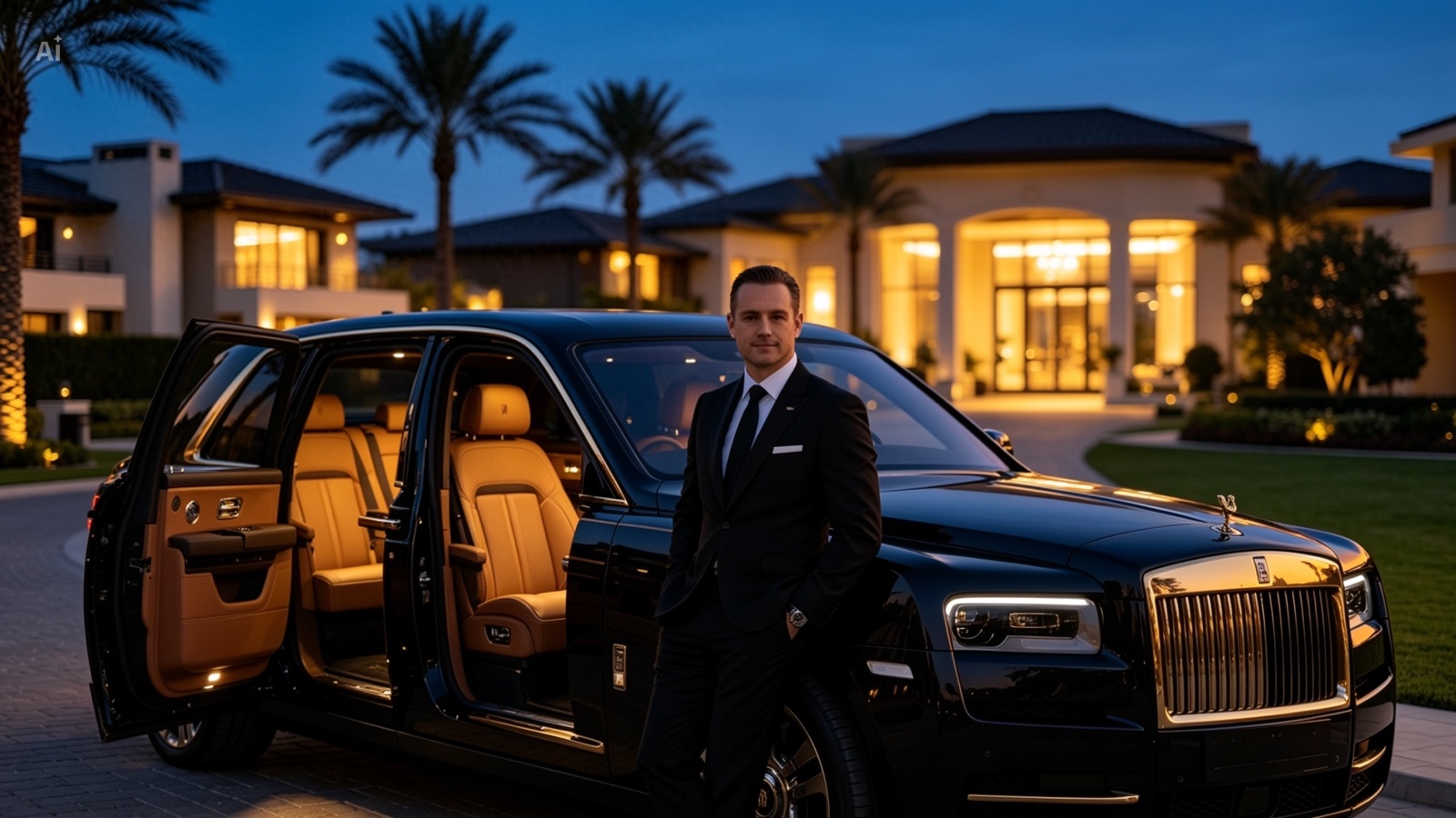 Dedicated monthly chauffeur standing by a luxury Rolls-Royce at a Dubai villa