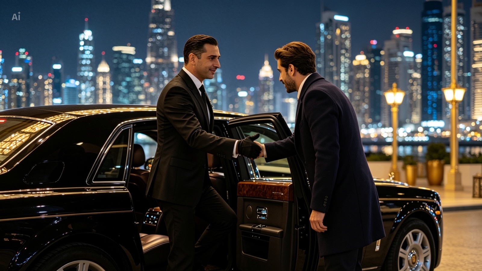 Safe driver service greeting a client by a luxury car with the Dubai skyline at night